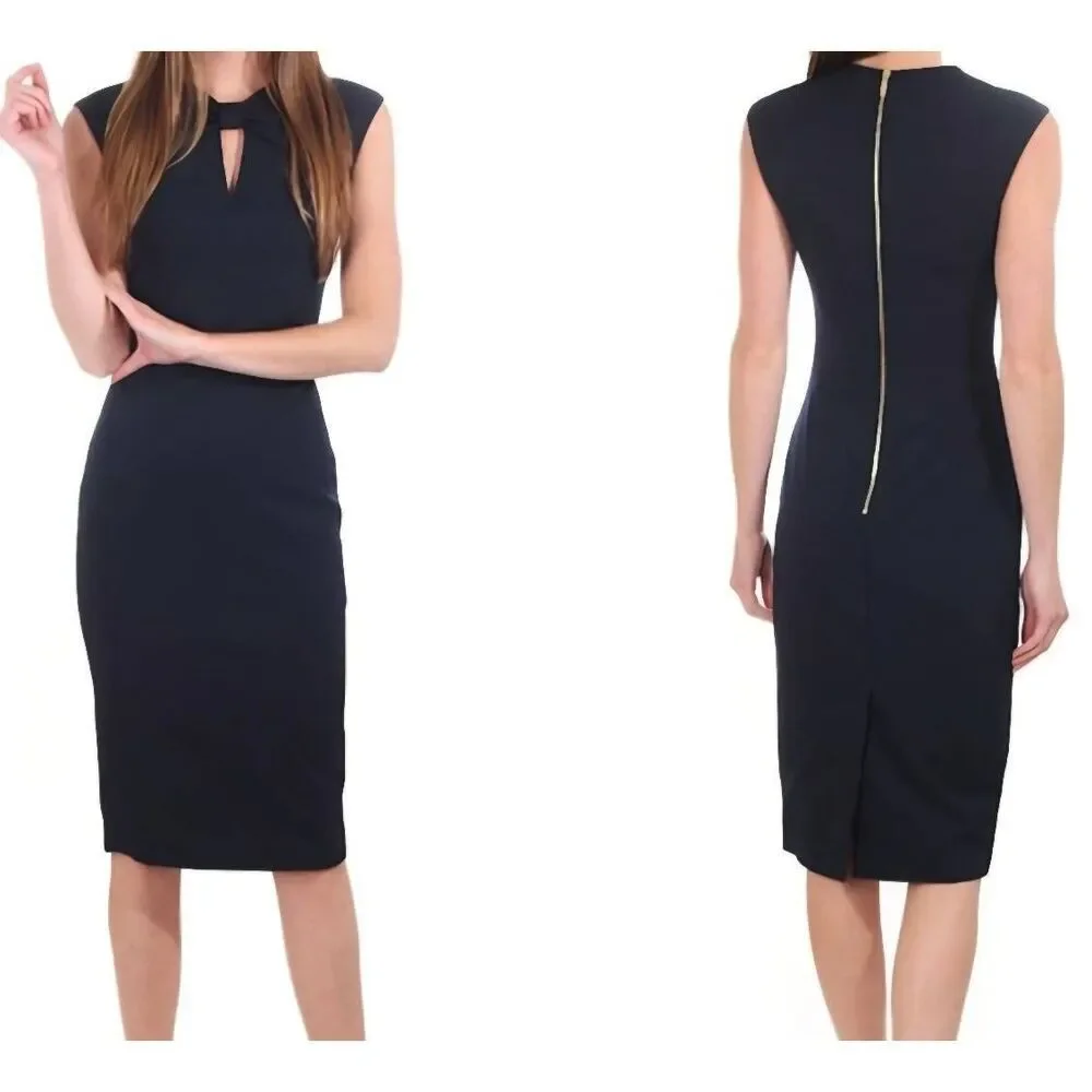 NWOT Ted Baker Kezzia Dress Women's 10 Navy Blue Bow Cutout Sheath Bodycon Ponte - Picture 1 of 7